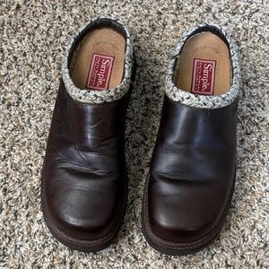 Simple Brown Leather Slip-On Clog Mules with Braided Collar